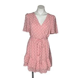 B DARLIN Pink Polka Dot Dress Faux Wrap Elastic Waist Junior Size 7/8